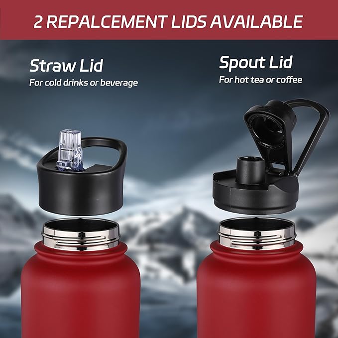 HASLE OUTFITTERS 40oz Stainless Steel Water Bottle, Vacuum Insulated Double Walled Leak Proof Sports Water Bottle with 2 Lids (Straw and Spout Lid) Thermo Mug Keep Cold and Hot(Red,4)