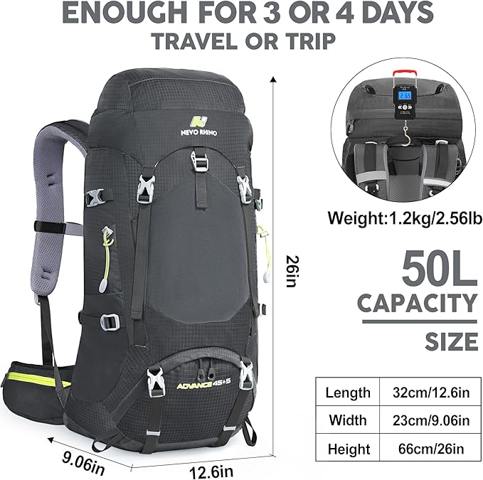 N NEVO RHINO Internal Frame Hiking Backpack 50/60/65/70/80L, Mountain Climbing Camping Backpack Daypack Waterproof Rain Cover
