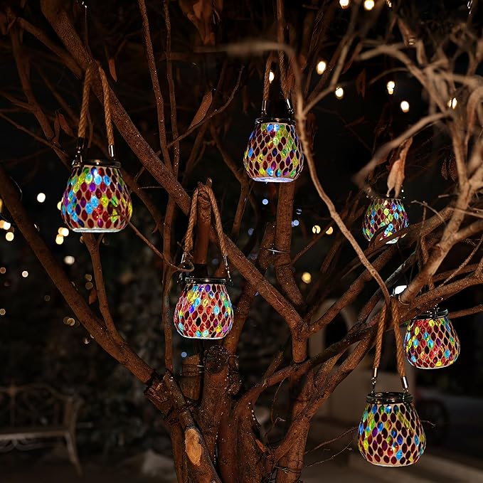 Cooo 2 Pack Mosaic Solar Lantern Outdoor Waterproof IP68 Hanging Projection Light Hidden Lid Pear-Shaped Lantern with Rope Handle Solar Powered Auto On for Patio Garden Fence Table - Crimson Ember