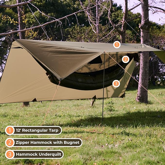 Onewind 12Ft Camping Hammock with Mosquito Net and Structure Ridgeline, Lightweight Portable Double Hammock with 12ft Tree Straps and Bugnet, Ideal for Wild Camping, Hiking, Backpacking, OD Green