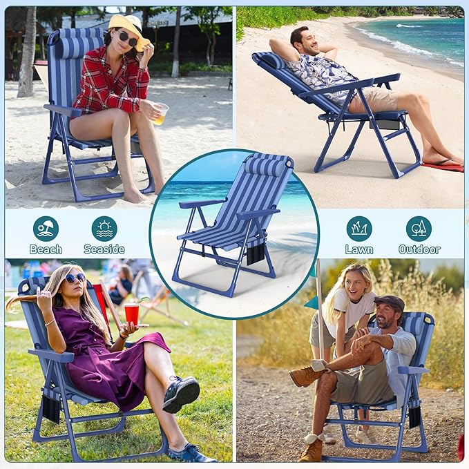 Suteck Backpack Beach Chair for Adults - 6-Position Folding Reclining Chair with Cooler Bag & Cup Holder, Lightweight Portable Beach Chair for Camping, Outdoor, Sand, Travel Use