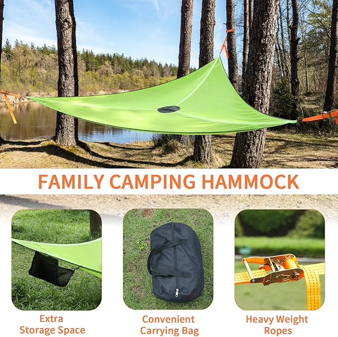 Triangle camping hammock for Outside, multi person hammock 3-6 Person Capacity, Portable 3 Point Hammock With Straps & Storage Bag Outdoor hammock for Gathering, beach, Family (157'', 1100Lbs)