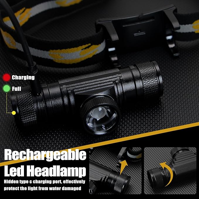 Headlamp Rechargeable, 1200 Lumen Zoomable LED Head Lamp for Adults, IP66 Waterproof Rechargeable Headlight with 9 Modes, Super Bright Head Flashlight with 2600 mAh for Outdoor Camping Hiking Running