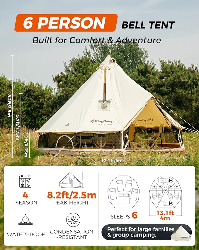 KingCamp Canvas Bell Yurt Tents, 4 Seasons Large Waterproof & Windproof Luxury Glamping Tent w/Stove Jack for Family Outdoor Camping, Hunting, Parties