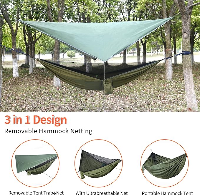 NewDoar Camping Hammock with Mosquito Net and Rain Fly Tarp,Portable Single Nylon Parachute Hammock Rainfly Set,Tree Straps Swing Hammock Bed for Outdoor Backpacking Backyard Hiking(ArmyGreen)