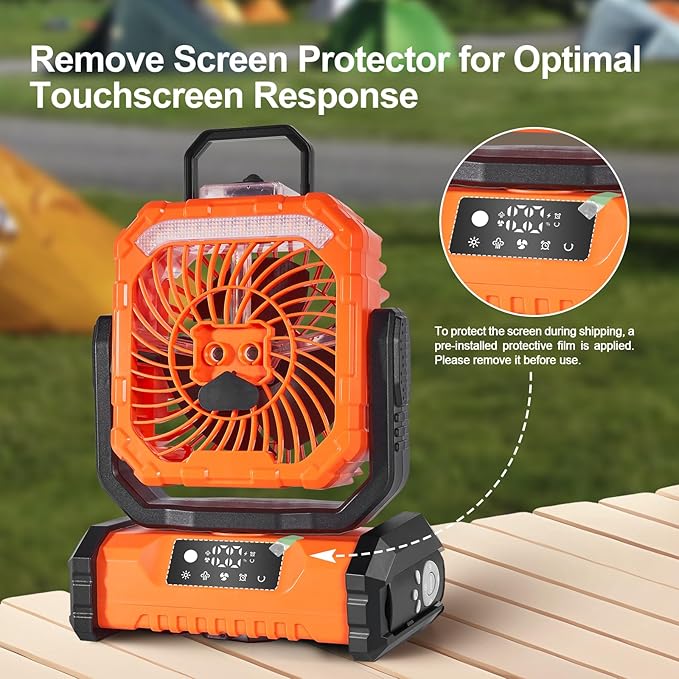 Odoland Portable Misting Fan with Light, 30000mAh Rechargeable Battery Camping Fan with 2 Spray Mister, Outdoors Tent Ventilador with Remote and Hook for Indoor Cooling Hiking Patio, Orange