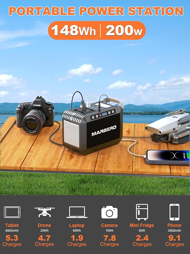 MARBERO 148Wh Portable Power Station Camping Portable Power Bank with AC Outlet 200W Camping Generator 40000mAh Battery Pack Solar Power Station for Outdoor Camping Home Office Emergency