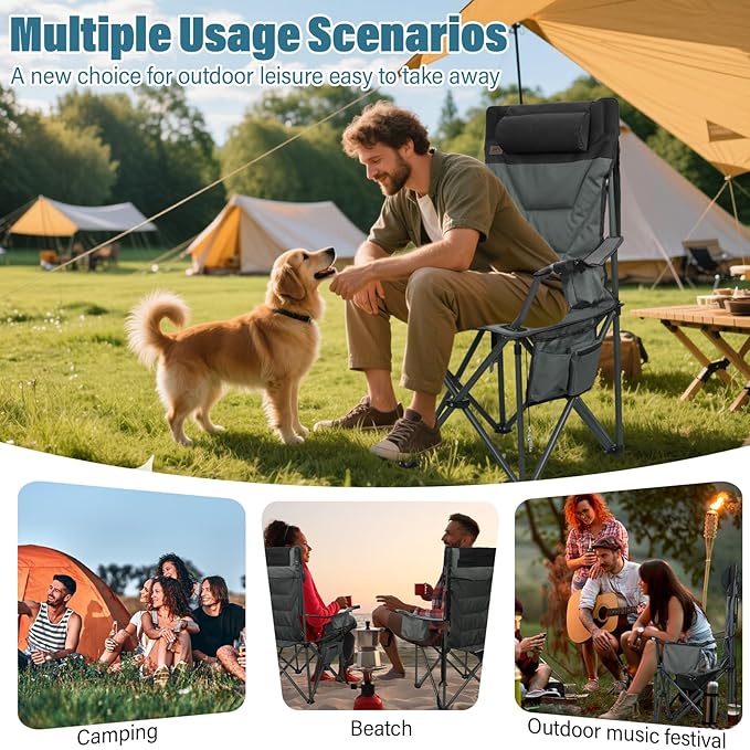 Oversized High-Back Camping Chairs with Pillow, Dual Cup Holders & Cooler Bag - Heavy Duty Foldable Outdoor Chair for Adults, Picnic, Fishing, Backyard, Sports (1, BlackGrey)