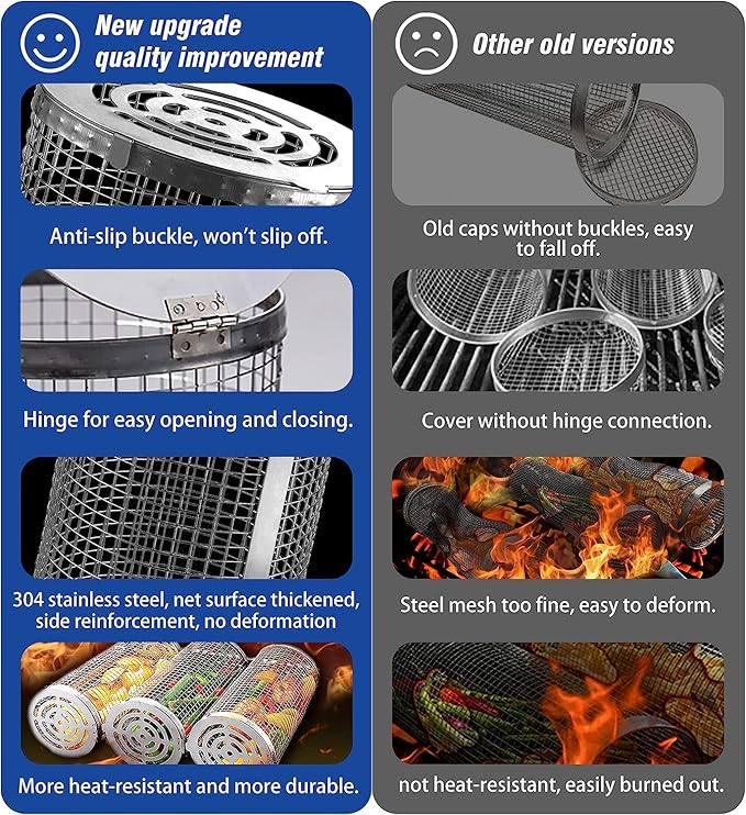Rolling Grilling Baskets for Outdoor Grill Bbq Net Tube with Spray Bottle Large Outsidegrill Crate Baskrt Canisters Barbeque Basket for Camping Picnic Party Cooking Accessories Gifts for Men