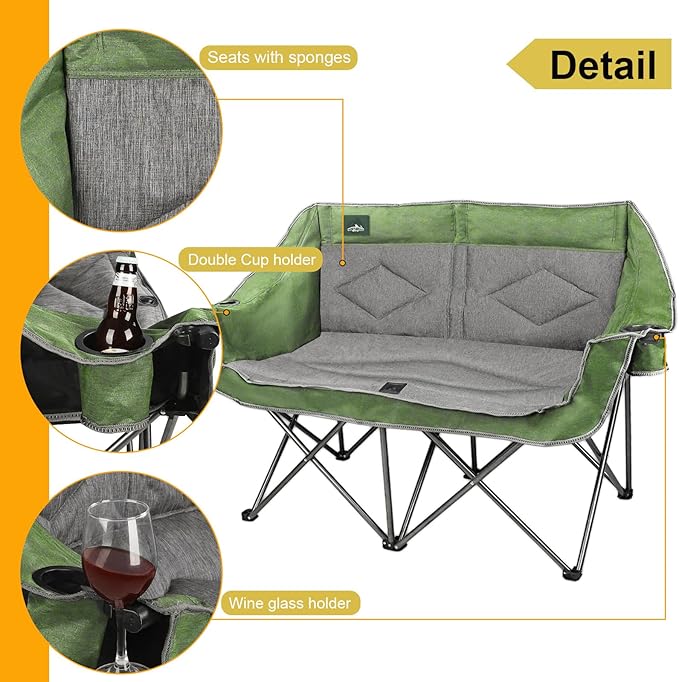 Northroad Folding Loveseat Camping Chair Portable Double Duo Full Padded Garden Chair for 2 Person Sofa w/ 2 Cup Holder,Wine Glass Holder,Mesh Storage,Support 600lbs for Picnic Beach Travel (Green)
