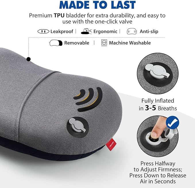 Hikenture Inflatable Pillow for Camping, Washable Backpacking Pillow for Sleeping, Ultralight Blow Up Pillows with Removable Cover, Portable&Compact Hiking Pillow for Beach, Travel, Outdoor(Blue)