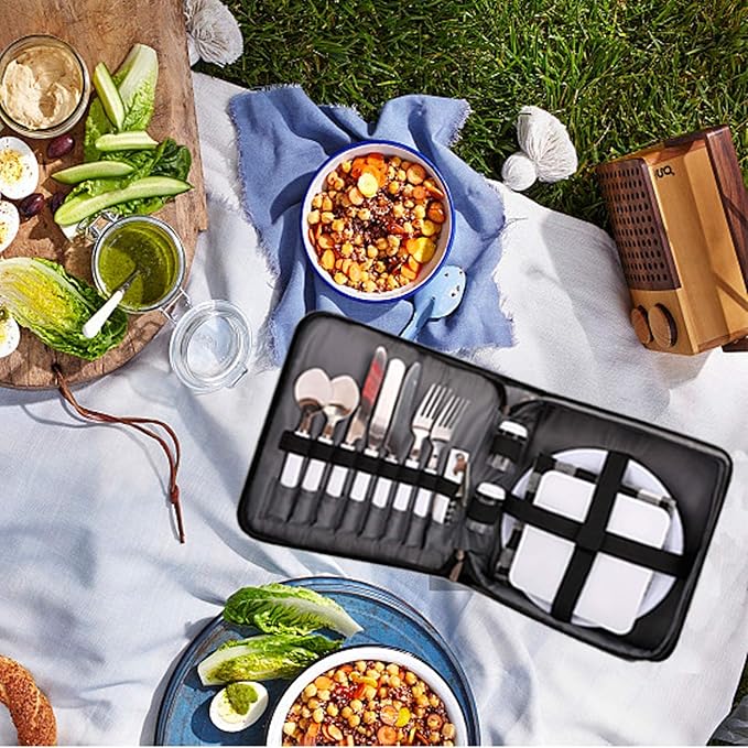 BRONZY Picnic Set Camping Cutlery Organizer Dinnerware Set - Mess Kit,Portable Eating Set with Plates,Spoons,Knives,Wine Opener,Forks,Napkinsc (16pcs/24pcs)