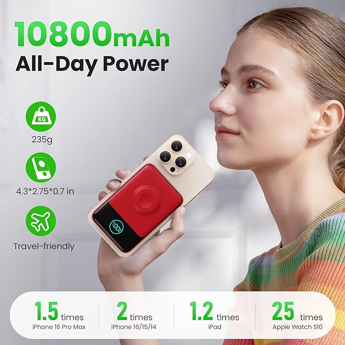 Magnetic Portable Charger for iPhone, 3-in-1 10800mAh Qi2 15W Wireless Power Bank with iWatch Charger,30W PD Fast Charging USB-C LCD Display Battery Pack for Magsafe,iPhone 16/15/14/13/12, Apple Watch