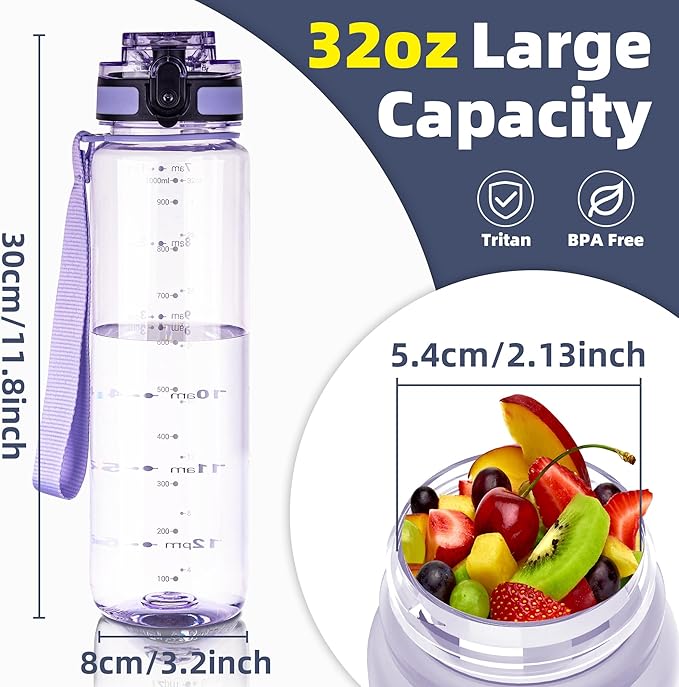 OLDLEY 32 oz Water Bottle, Motivational Water Bottle with Time Marker, Sports Water Bottle With Strap, Leakproof & BPA Free Large Water Bottles for School,Gym,Outdoor, Tritan, Transparent-Purple