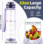 OLDLEY 32 oz Water Bottle, Motivational Water Bottle with Time Marker, Sports Water Bottle With Strap, Leakproof & BPA Free Large Water Bottles for School,Gym,Outdoor, Tritan, Transparent-Purple