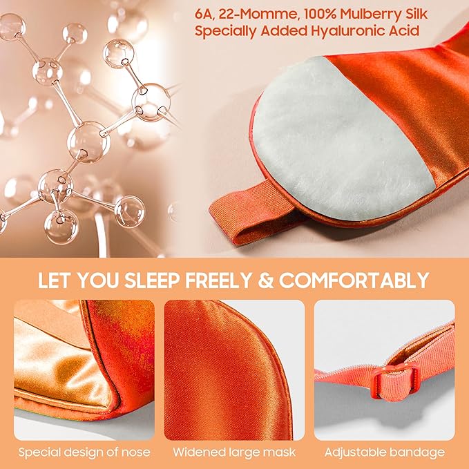 Sleep Mask 100% Mulberry Silk for Light Blocking, ZOESMIEN Eye Mask for Women Men Side Sleeper, Puffiness Dry Eyes Headache, Adjustable Strap, Christmas Gift Package, Vitality Orange