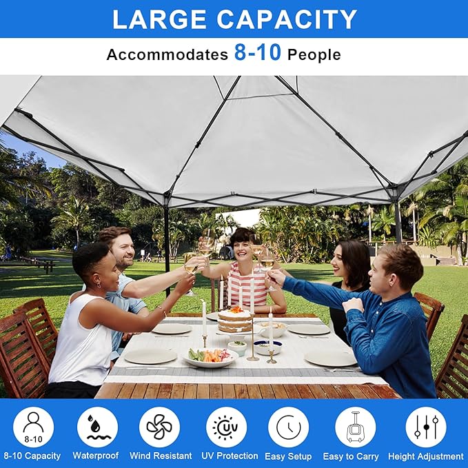 KAMPKEEPER 10x10 Pop Up Canopy Tent with Sidewall - Easy Setup Sun Shelter, Outdoor Shade with Vented Roof for Backyard | UV & Rain Portable Instant Camping Beach Canopy Tents (White)