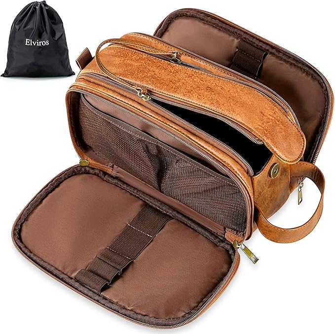 Elviros Toiletry Bag for Men, Large Travel Shaving Dopp Kit Water-resistant Bathroom Toiletries Organizer PU Leather Cosmetic Bags Fathers Day Gift (Medium, Brown)