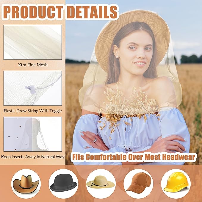 Hestya 2 Pack Mosquito Head Mesh Net Midge Insects Bugs Head Face Net Protecting for Outdoor Hiking Camping Climbing Walking(Beige)