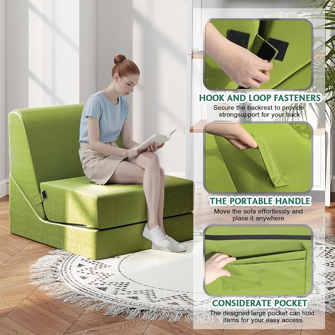 jela Outdoor Chaise Lounge, Waterproof Folding Sofa Bed Lounge Chair, UV Resistant Folding Lounge Chair with Machine Washable Cover, Soft Foam Patio Sofa Chairs Pool Lounge Chaise Chairs (Green)