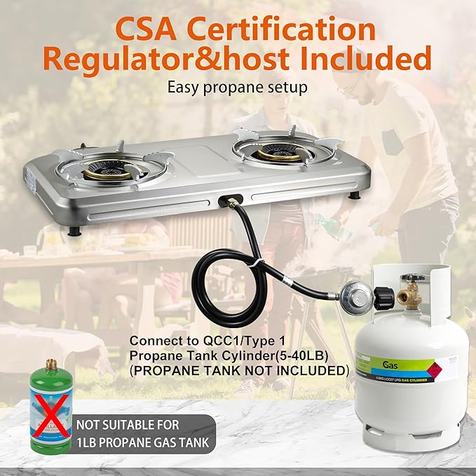 Propane Stove 2 Burner Gas Stove Top, 27200 BTU High-Efficiency LPG Metal Cooktop With Auto Ignition, CSA Regulator and Hose, Perfect for Outdoor Kitchen, Camping, RV & Emergency Cooking