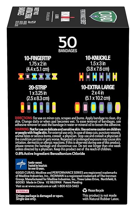 CURAD Performance Series IRONMAN Antibacterial Bandages, Extreme Hold Adhesive Technology, Finger & Knuckle Bandages, Flexible Fabric, Variety Pack with Assorted Sizes & Colors, 50 Count