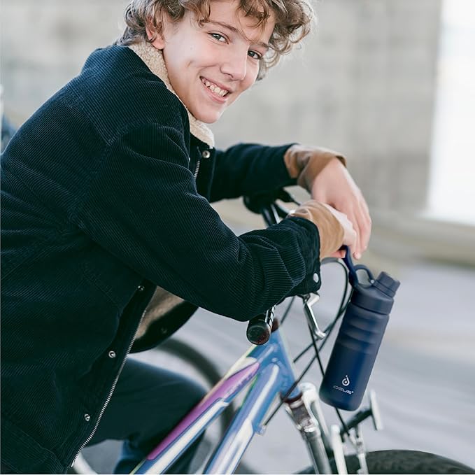 IDEUS Insulated Stainless Steel Water Bottle with 2 Leak-Proof Lids, Thermal Water Flask for Hiking Biking, 18oz, Navy Blue