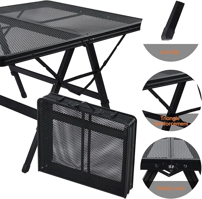 3 FT Folding Grill Table, Portable Camping Table for Outside, 3 Adjustable Height Folding Table with Desktop, Lightweight Outdoor, Camping, Picnic, BBQ