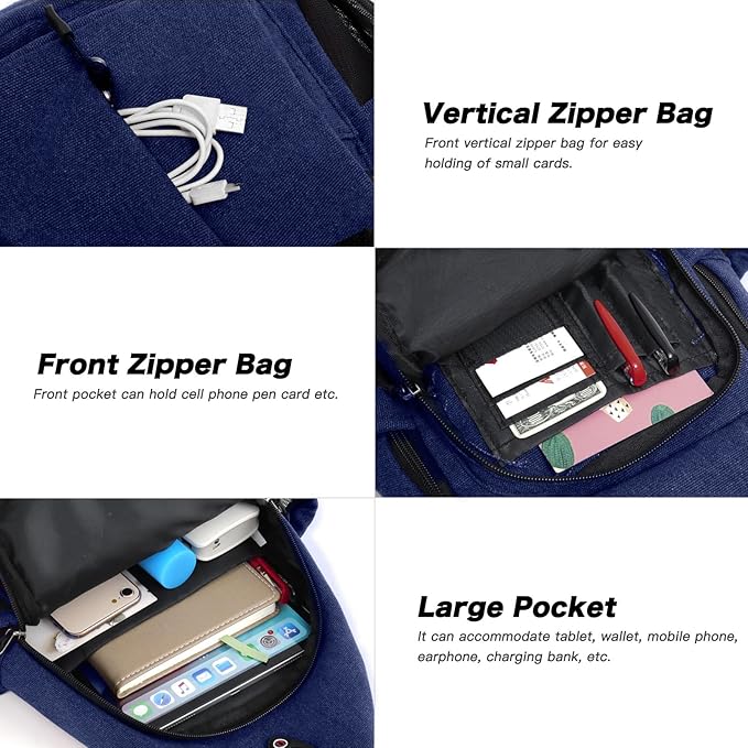 MOSISO Sling Backpack,Canvas Crossbody Hiking Daypack Bag with Anti-theft Pocket, Navy Blue