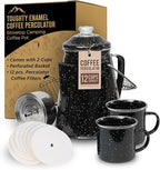 Toughty Enamel Coffee Percolator - Stovetop Coffee Maker for Camping, Open Fire, Grill, or Stove - Vintage Coffee Pot - Durable Old-Fashioned Metal Percolator w/ 2 Cups & 12 Coffee Filters - Black