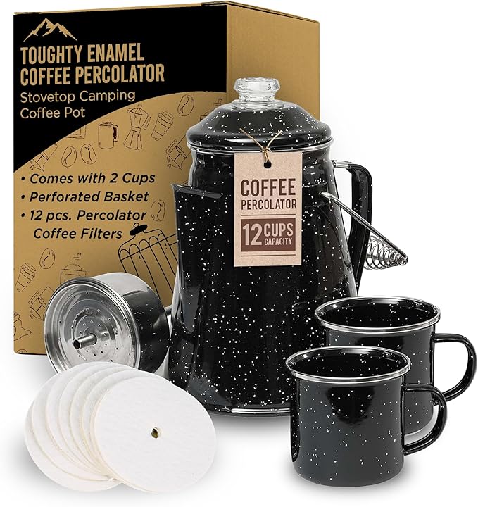 Toughty Enamel Coffee Percolator - Stovetop Coffee Maker for Camping, Open Fire, Grill, or Stove - Vintage Coffee Pot - Durable Old-Fashioned Metal Percolator w/ 2 Cups & 12 Coffee Filters - Black