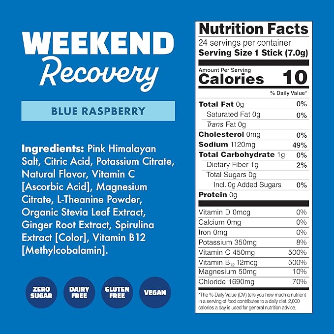 Waterboy Weekend Recovery | 3,200mg Electrolyte Powder Packets | Ginger + L-Theanine + Vitamins | No Sugar, All Natural, Gluten Free | 24 Drink Stick Mixes (Blue Raspberry)