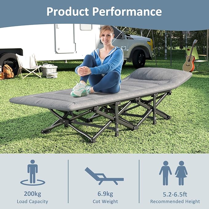 Camping Cot, Folding Cot Bed for Adults with Built-in Mattress and Pillow, Portable Outdoor Sleeping Cot for Camping and Travel, with Carry Bag, Grey, Max Load 450 LBS