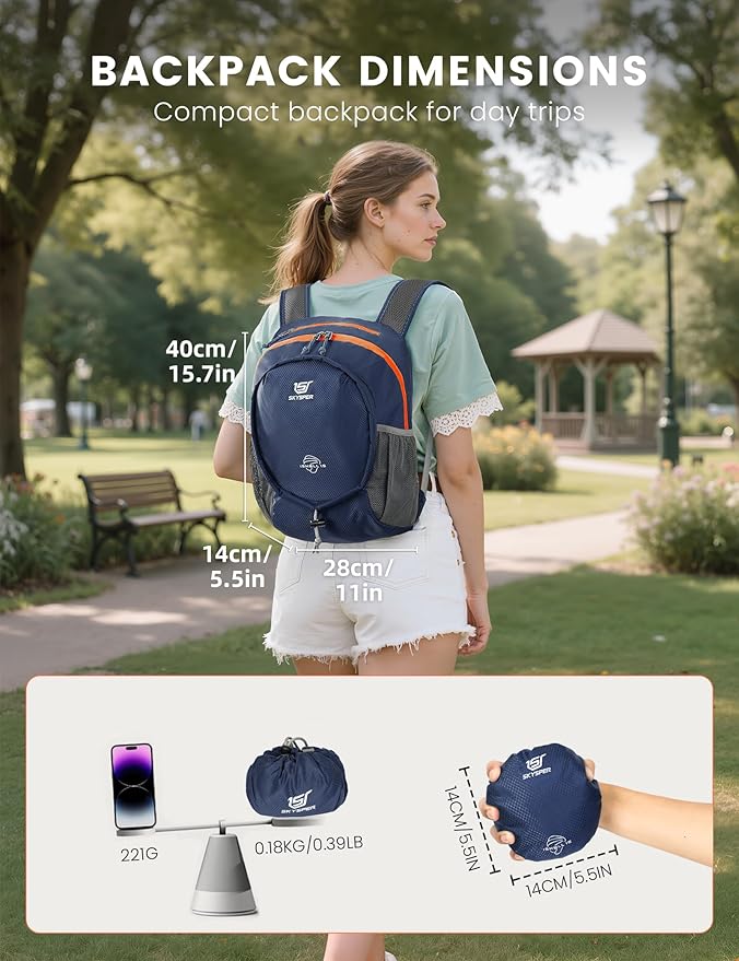 SKYSPER 15L Lightweight Small Hiking Backpack for Women Men, Foldable Travel Daypack, Packable Camping Backpack, Mini Outdoor Hiking Bag (Darkblue)