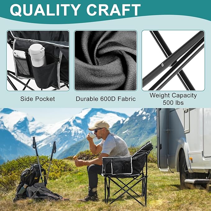 Slsy Heated Camping Chair Oversized, Outdoor Portable Heated Folding Chair, Heavy Duty 500 lbs Support, Padded Seat for Outdoor Sports, Camping, Patio, and Picnics