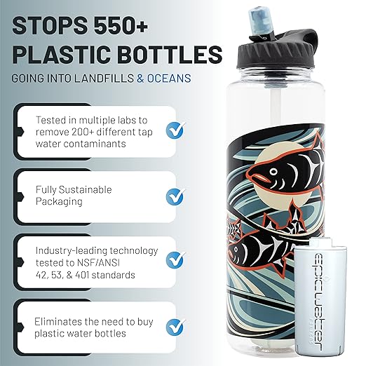 Epic Water Filters Nalgene OG Water Bottle with Filter, USA Made, BPA Free, Removes 99.99% Tap Water Contaminants, Forever Chemicals, LeClair Art, 48 oz