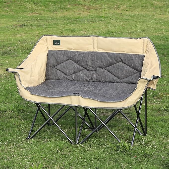Northroad Folding Loveseat Camping Chair Portable Double Duo Full Padded Garden Chair for 2 Person Sofa w/ 2 Cup Holder,Wine Glass Holder,Mesh Storage,Support 600lbs for Picnic Beach Travel (Beige)