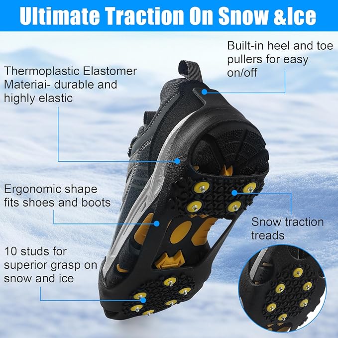 Ice Snow Cleats for Shoes Boots Non Slip Ice Cleats Overshoe for Walking on Snow and Ice Rubber Crampons with 10-Stud Ice Rubber Cleats Slip-on Stretch Footwear