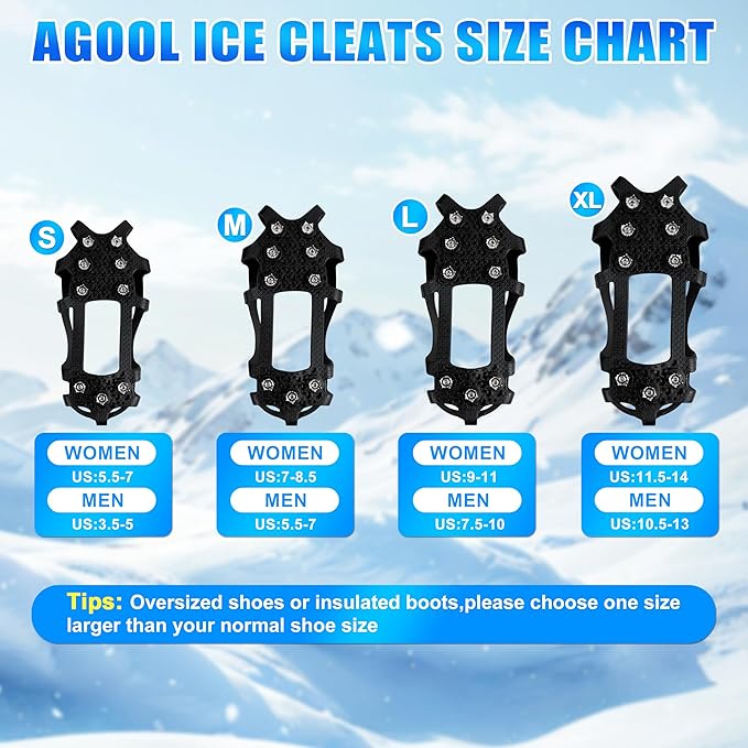 Ice Cleats for Shoes and Boots Snow Traction Cleats Crampons for Walking on Snow and Ice 9 Studs Non-Slip Overshoe Rubber Anti Slip Crampons Slip-on Stretch Footwear Winter Hiking Climbing Ice Fishing
