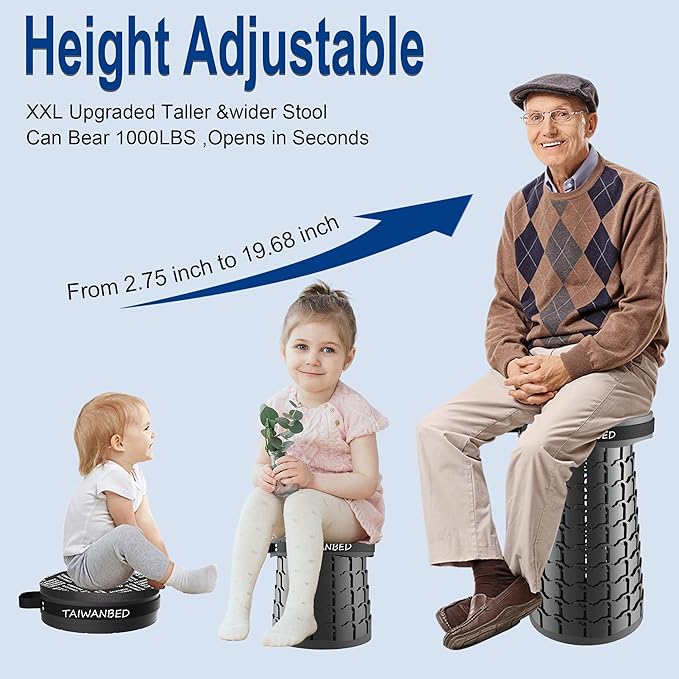 Upgraded XXL Taller 19.7" Wider 11.8" Collapsible Stool with Cushion,Adjustable Seat with Load Capacity 1000lbs, More Taller&Wider Portable Retractable Stool for Adults Camping Fishing Hiking BBQ