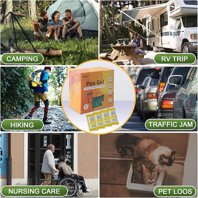 AOKE Portable Toilet Absorbent Gel Powder - Lemon 25 Pack Poo Deodorizing Treatment for Outdoor Camping and Hiking
