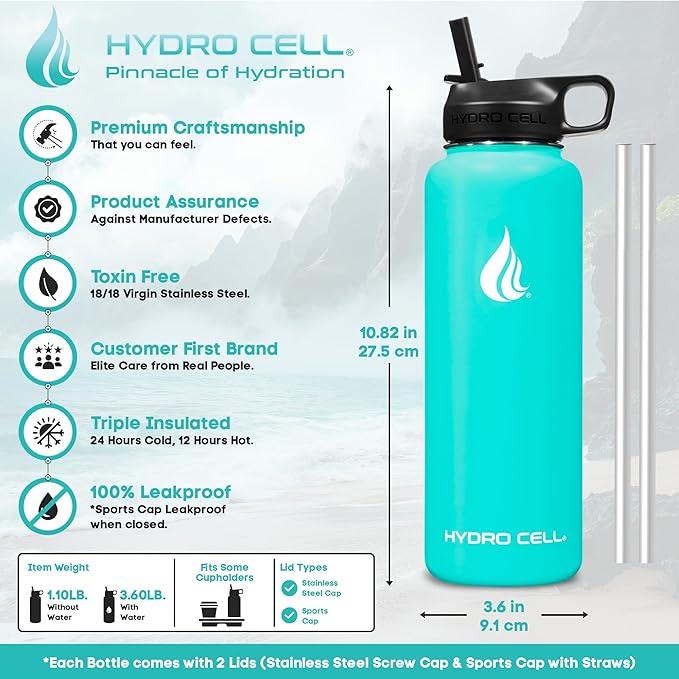 HYDRO CELL Stainless Steel Insulated Water Bottle with Straw - For Cold & Hot Drinks - Metal Vacuum Flask with Screw Cap and Modern Leakproof Sport Thermos for Adults (Teal 40oz)