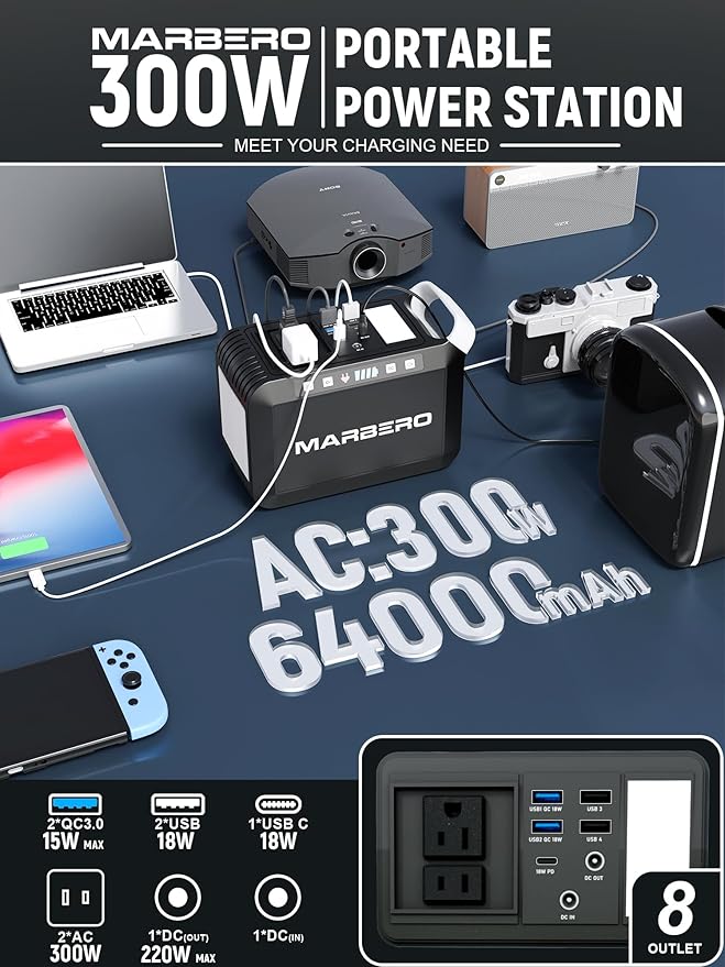 MARBERO 237Wh Portable Power Station with 300W AC Outlet, Mini Generator with LED Lights for Outdoor Camping Trip, Laptop Charger Battery Pack Backup for Home Emergency Outage