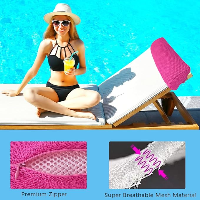 REEZEIVI 2 Pack Headrest Pillow for Patio Chaise Lounge,Chaise Lounge Pillows Outdoor 3D air mesh with Elastic Band,Quick Drying and Washable Spa Pillow for Recliner,Beach Chair,Office Chair,Pink