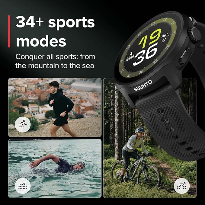 SUUNTO Run Running GPS Sports Watch with Silicone Strap, 1.32" AMOLED Touchscreen w/Crown Button, Wrist Heart-Rate & Sleep Health Tracking, Black