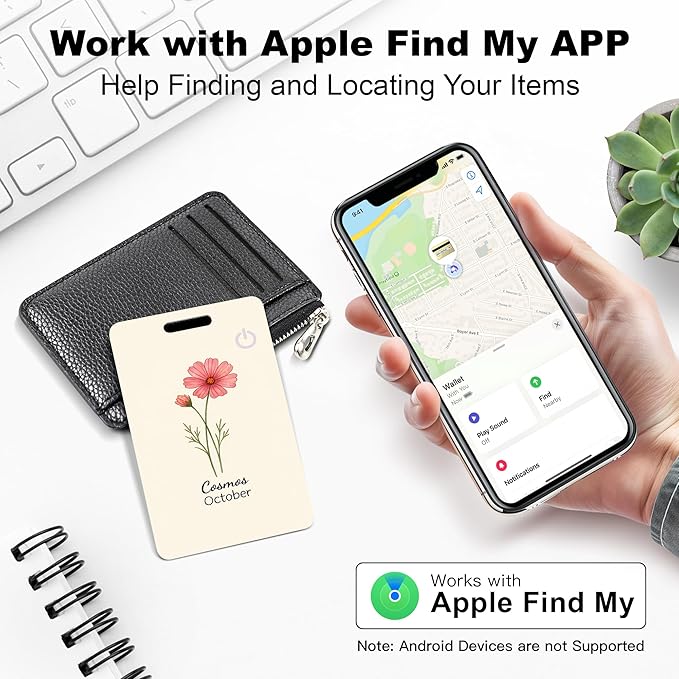 Wallet Tracker Card (iOS Only), Rechargeable Bluetooth Smart Tracking for Apple Find My Compatible Anti Tracker for Men Women Slim Item Locator for Purse Passport Key Luggage Tag (1Pcs/OCT FLR)