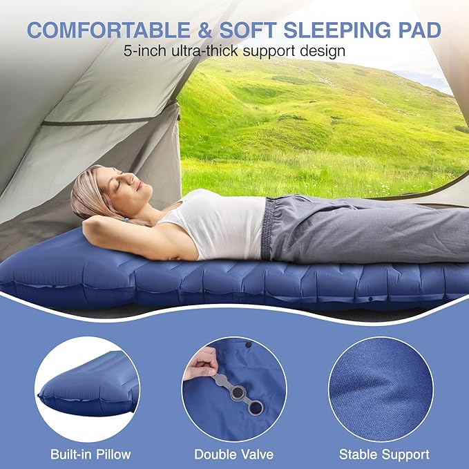 Sleeping Pad for Camping, 5" Extra-Thick Camping Mat with Pillow Built-in Foot Pump, Ultralight Inflatable Sleeping Mat for Camping, Backpacking, Hiking, Camp Tent