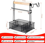 Grill Caddy, Picnic BBQ Organizer for Camping Outdoor Mesh Basket with 3 Hanging Hooks and Paper Towel Holder, Ideal Table Storage Tools for RV Camper/Tailgating/Flatware