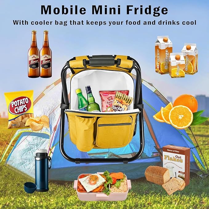 Kikerike Backpack Stool Cooler Chair Heavy Duty 400 LBS Max Load Portable Lightweight Stool Backpack Folding Fishing Cooler Seat for Camping Hunting Fishing - Yellow