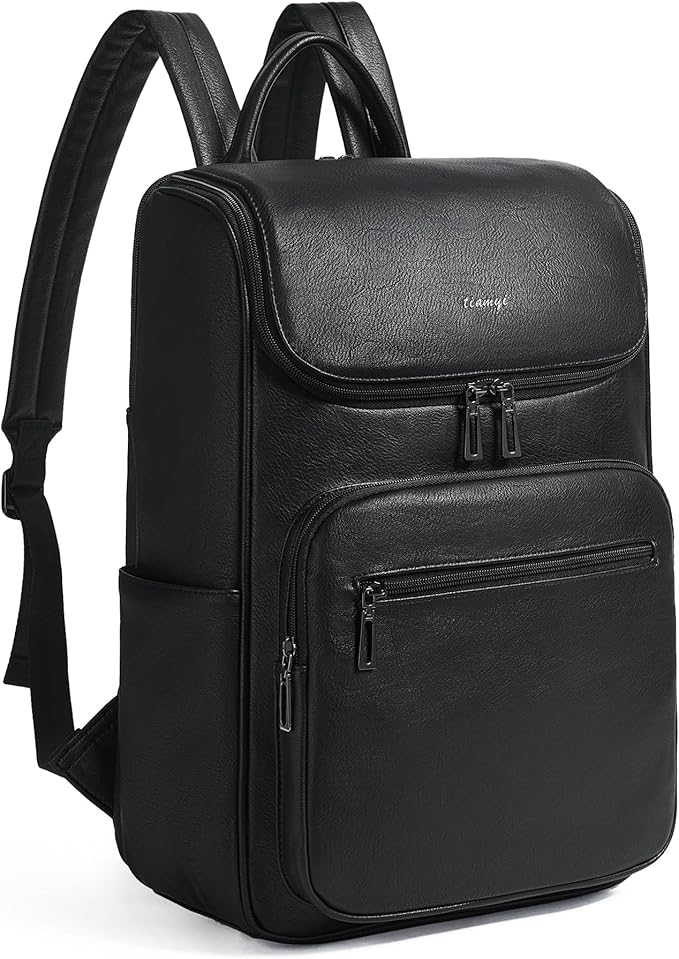 Leather Backpack for Women, Fits 17 Inch Laptop in Main Compartment, Dedicated 15.6 Inch Padded Sleeve, Large Vegan Leather Travel Computer Bag with Luggage Strap for Business and Work, Black